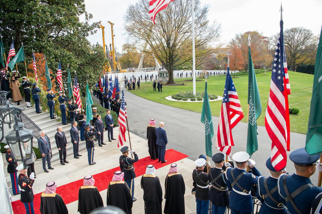 President Trump and Crown Prince Mohammed bin Salman stand on the red carpet at The White House in Washington, DC. Photo credit: Saudi Foreign Ministry