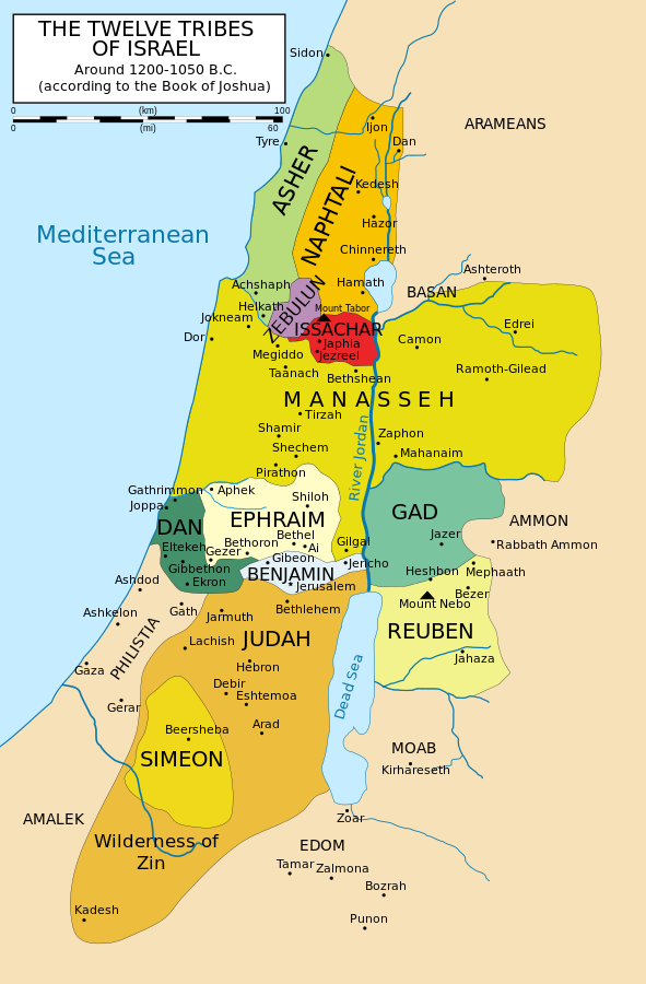 A map of the Twelve tribes of Israel, and the wilderness of Zin in the lower part (south) of the map (Picture: Wiki-data, derivative work Richardprins (talk). Malus Catulus).