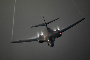 A U.S. Air Force B-1B Lancer flies over the Persian Gulf on a presence patrol above the U.S. Central Command’s area of responsibility Oct. 30, 2021 (Photo credit: USAF/Cover-Images.com / via Reuters).