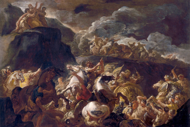 The Battle of Israel and Amalek, painting made by Luca Giordano Italian, Historically, digitally restored reproduction of a 17th-century original. Photo: via Reuters