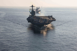 The world's largest aircraft carrier, USS Gerald R. Ford, along with its accompanying ships, was deployed to the Middle East shortly after Hamas's attack on Israel. Photo: U.S. Navy, Mass Communication Specialist 2nd Class Jacob Mattingly, via ABACAPRESS.COM.