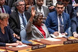 Ambassador Linda Thomas-Greenfield of the US votes as abstain during Security Council meeting and voting on resolution on Israel and Gaza conflict at UN Headquarters in New York on March 25, 2024 (Photo: Lev Radin/Sipa USA via REUTERS).