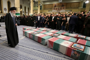 Iran's Supreme Leader, Ayatollah Ali Khamenei looks at the coffins of members of the Islamic Revolutionary Guard Corps who were killed in Damascus, during a funeral ceremony in Tehran, Iran April 4, 2024 (Photo: Office of the Iranian Supreme Leader/WANA (West Asia News Agency)/Handout via REUTERS).