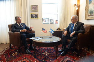 Handout photo shows Secretary Antony J. Blinken meets with Israeli Prime Minister Benjamin Netanyahu in Jerusalem, Israel, May 1, 2024. photo by Chuck Kennedy via ABACAPRESS.COM, Reuters.