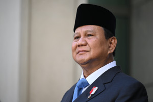 Indonesian Defence Minister and President-elect Prabowo Subianto speaks during a joint press statement with Australian Prime Minister Anthony Albanese at Parliament House in Canberra, Tuesday, August 20, 2024. Photo:  Reuters Connect by Lukas Coch
