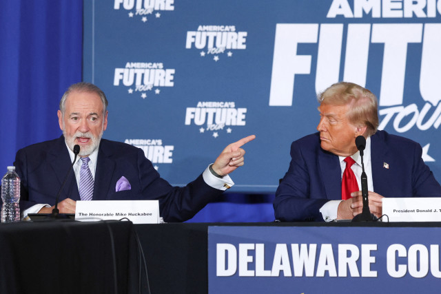 Mike Huckabee speaks during a campaign event at the Drexelbrook Catering and Event Center, in Drexel Hill, Pennsylvania, U.S., October 29, 2024. REUTERS/Brendan McDermid