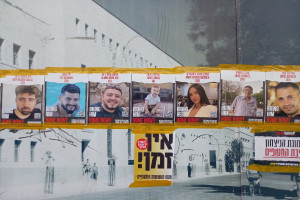 Photos of Israeli hostages in the streets of Jerusalem, April 2024 (Photo: All Israel News).