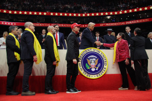 During his second-term inauguration parade, U.S. President Donald Trump greets representatives of Israeli families whose loved ones were kidnapped in the October 7, 2023, Hamas attack. Capital One Arena, Washington, January 20, 2025. Photo: REUTERS/Carlos Barria.