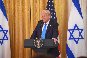 President of the United States Donald J. Trump attends a press conference with Prime Minister of Israel Benjamin Netanyahu in the East Room of the White House in Washington, DC, on February 4, 2025. Photo by Kyle Mazza/NurPhoto via Reuters