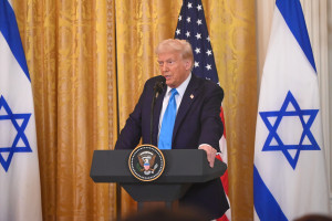 President of the United States Donald J. Trump attends a press conference with Prime Minister of Israel Benjamin Netanyahu in the East Room of the White House in Washington, DC, on February 4, 2025. Photo by Kyle Mazza/NurPhoto via Reuters