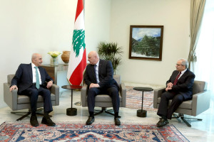 Lebanese Parliament Speaker Nabih Berri, President Joseph Aoun and Prime Minister-designate Nawaf Salam meet at the Presidential Palace in Baabda, Lebanon, in this handout released on February 8, 2025. Lebanese Presidency Press Office/Handout via REUTERS