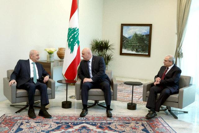 Lebanese Parliament Speaker Nabih Berri, President Joseph Aoun and Prime Minister-designate Nawaf Salam meet at the Presidential Palace in Baabda, Lebanon, in this handout released on February 8, 2025. Lebanese Presidency Press Office/Handout via REUTERS