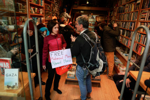 Supporters gather at a bookstore in East Jerusalem after an Israeli police raid and arrests on February 10, 2025. Photo: REUTERS/Ammar Awad.