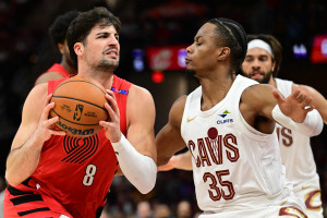 Mar 2, 2025; Cleveland, Ohio, USA; Portland Trail Blazers forward Deni Avdija (8) drives to the basket against Cleveland Cavaliers forward Isaac Okoro (35) during the second half at Rocket Arena. Mandatory Credit: Ken Blaze-Imagn Images via Reuters.