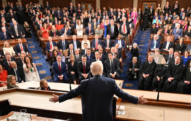 Mar 4, 2025; Washington, DC, USA; US President Donald Trump speaks during an address to a joint session of Congress at the US Capitol in Washington, DC, on March 4, 2025. Mandatory Credit: Mandel Ngan-Pool via Reuters