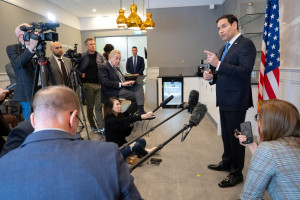 US Secretary of State Marco Rubio speaks to the media during a refueling stop at Shannon Airport in Shannon, Ireland, March 12, 2025, as he travels from talks with Ukraine in Saudi Arabia to attending a G7 Foreign Ministers meeting in Canada. SAUL LOEB/Pool via REUTERS