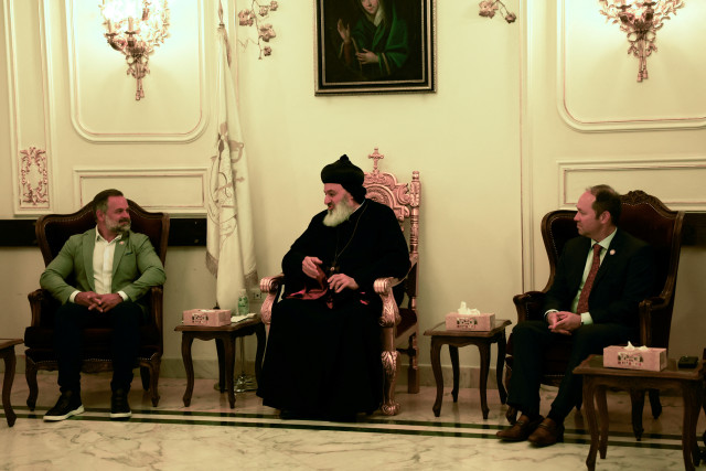 U.S Congressman Cory Mills and Congressman Marlin Stutzman meet Syriac Orthodox Patriarch Mor Ignatius Aphrem, in Damascus, Syria April 18, 2025. REUTERS/Yamam Al Shaar