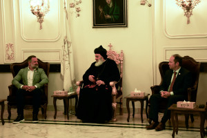 U.S Congressman Cory Mills and Congressman Marlin Stutzman meet Syriac Orthodox Patriarch Mor Ignatius Aphrem, in Damascus, Syria April 18, 2025. REUTERS/Yamam Al Shaar