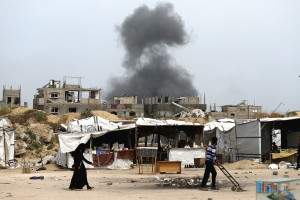 A smoke plume rises from Israeli bombardment on a building in Beit Lahia in the northern Gaza Strip on April 24, 2025. Photo by Ramez Habboub/ABACAPRESS.COM via Reuters