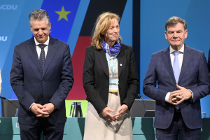 Thorsten Frei, Karin Prien, and Johann Wadephul at the meeting of the Federal Committee of the CDU of Germany at the Estrel Berlin. Berlin, April 28, 2025. (Photo: Reuters)