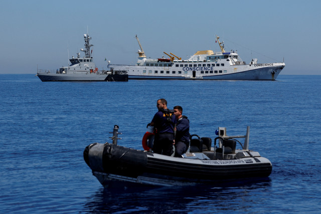 The damaged Gaza Freedom Flotilla ship "Conscience" is anchored at sea outside Maltese territorial waters, after the NGO said the vessel was bombed by drones while carrying humanitarian aid to Gaza, May 3, 2025. (Photo: Reuters)