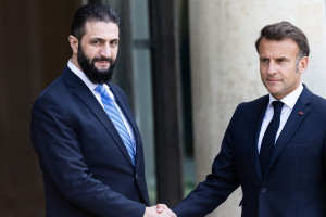 French President Emmanuel Macron welcomes Syria's interim President Ahmed al-Sharaa at the Elysee Palace, in Paris, France, on May 7, 2025. (Photo: Reuters)