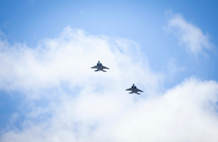 F-15 Eagle fighter jets fly over the Oregon State Capitol during the Armed Forces Day celebration on Wednesday, May 14, 2025 in Salem, Oregon Photo: Reuters Connect