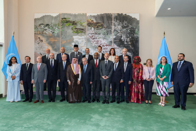 United Nations leaders and co-chairs of a high-level international conference, hosted by France and Saudi Arabia to work towards a two-state solution between Israel and the Palestinians, pose for a photo at U.N headquarters in New York City, U.S., July 28, 2025. (Photo: REUTERS/Kylie Cooper)
