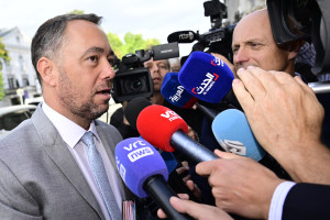 Vice-prime minister and Minister of Foreign Affairs Maxime Prevot talks to the press as he arrives for a 'Kern' meeting gathering selected Ministers of the Federal Government, Wednesday 27 August 2025 in Brussels.