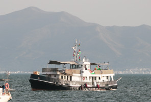 A Gaza bound flotilla boat is seen in Tunisian waters on 09 September, 2025, after organizers said it was struck by a drone. All Passengers were reported safe. Photo: Reuters by Hasan Mrad
