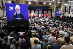 Sheikh Naim Qassem, Secretary General of Hezbollah in Lebanon, addresses via a video message during a commemoration ceremony marking the first anniversary of the killing of Hezbollah leaders Hassan Nasrallah and Hashem Safieddine by Israeli attacks on Lebanon. Tehran, Iran, October 7, 2025 Photo: Reuters Connect