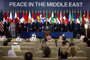 U.S. President Donald Trump speaks during a world leaders' summit on ending the Gaza war, amid a U.S.-brokered prisoner-hostage swap and ceasefire deal between Israel and Hamas, in Sharm el-Sheikh, Egypt, October 13, 2025. Photo: Yoan Valat/Pool via Reuters Connect