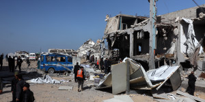 Palestinians inspect a damaged police station in Gaza City, Gaza, on January 31, 2026, following an Israeli air strike. Israeli air strikes kill 28 people in the Gaza Strip on January 31, according to the territory's ministry of health. (Photo by Majdi Fathi/NurPhoto)