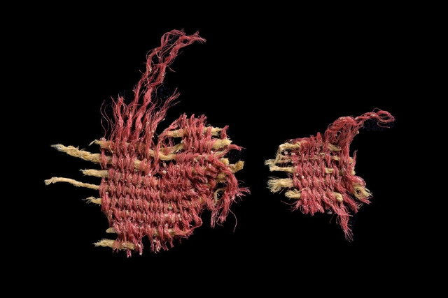 A 3,800-Year-Old Red Textile Dyed with Biblical Scarlet discovered in the Judean Desert Caves, and published by the Israeli Antiquities Authority in 2024 (Photo: Dafna Gazit, Israel Antiquities Authority).
