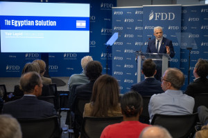 Yair Lapid, Israel’s opposition leader, presents his Gaza plan at the Foundation for Defense of Democracies in Washington, February 25. Photo: Lapid's official Facebook page.