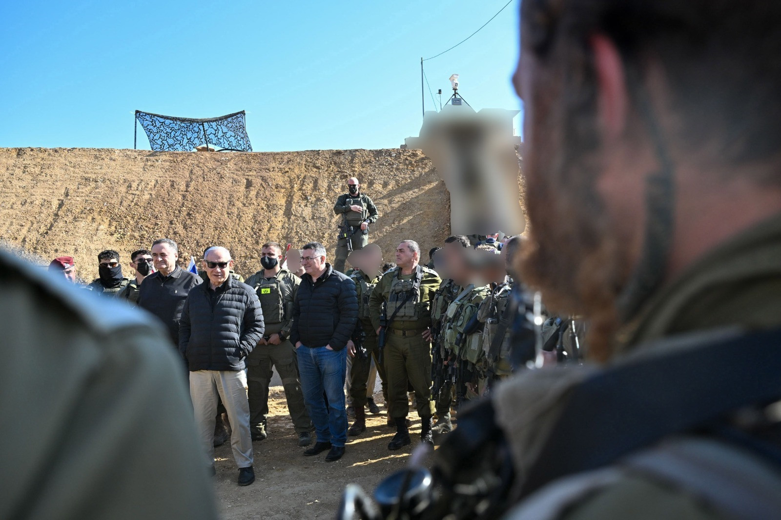 Prime Minister Benjamin Netanyahu, Defense Minister Katz, Foreign Minister Sa'ar and IDF Chief of Staff Lt.-Gen. Eyal Zamir during a visit to IDF troops stationed on Syrian territory, Nov. 19, 2025. Photo by GPO.