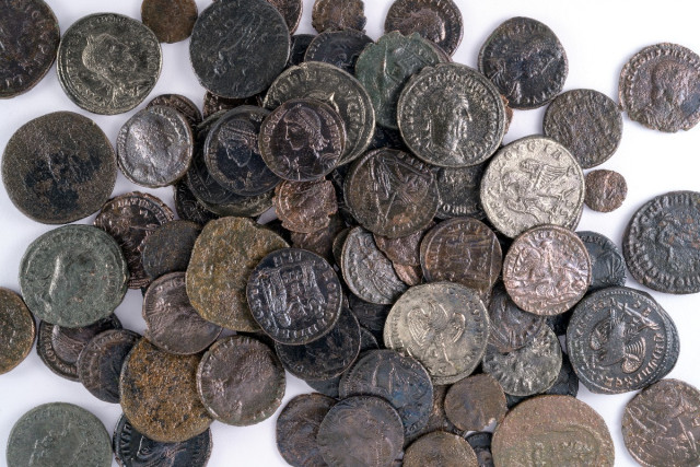The hoard found in the building foundations. (Photo: Dafna Gazit, Israel Antiquities Authority).