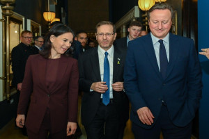 Israeli President Isaac Herzog Meets with UK Foreign Secretary David Cameron & German Foreign Minister Annalena Baerbock on 17 April, 2024 (Photo: GPO).