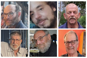 Nadav Popplewell, Yagev Buchshtab, Haim Peri, Yoram Metzger, Alexander Dancyg and Avraham Munder (Photo: Hostages and Missing Families Forum)