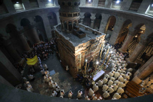 Christian worshippers take part in the traditional procession of the Catholic Washing of the Feet ceremony on April 1, 2021. (Photo: Jamal Awad/Flash90)