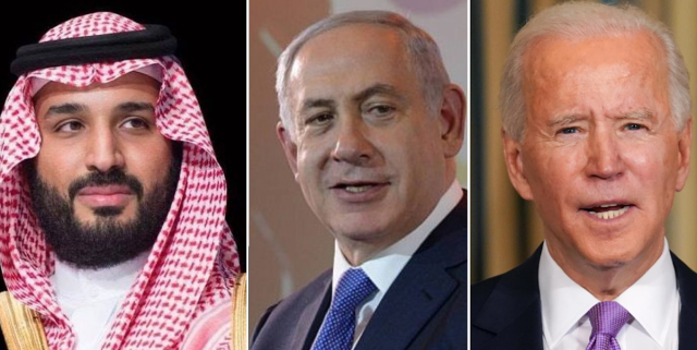 Saudi Crown Prince Mohammed bin Salman (Photo: Facebook), Israeli Prime Minister Benjamin Netanyahu (Photo: Amos Ben Gershom/GPO), US President Joe Biden (Photo: Shutterstock) Photo edit: AIN Staff