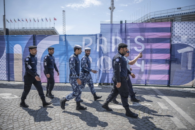 Members of the French Gendarmerie patrol with members of the Qatar police around sports facilities for the Paris 2024 Olympic Games in Place de la Concorde in Paris, France, 19 July 2024. (Photo: Eliot Blondet/ABACAPRESS.COM)