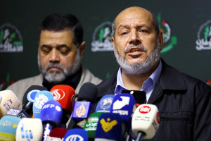 Hamas officials, Khalil Al-Hayya and Osama Hamdan, attend a press conference in Beirut, Lebanon, November 21, 2023.
Photo: Reuters/Esa Alexander