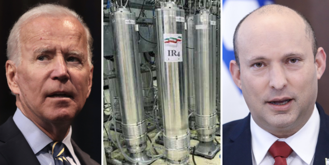 US President Joe Biden (Photo: Shutterstock), centrifuge machines at the Natanz nuclear site in Iran (Photo: Atomic Energy Organization of Iran Handout/EPA), Israeli Prime Minister Naftali Bennett (Photo: Marc Israel Sellem/POOL)
