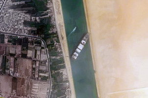 Container Ship 'Ever Given' stuck in the Suez Canal, Egypt - March 24, 2021. (Photo: Wikimedia Commons/Contains modified Copernicus Sentinel data [2021], processed by Pierre Markuse)