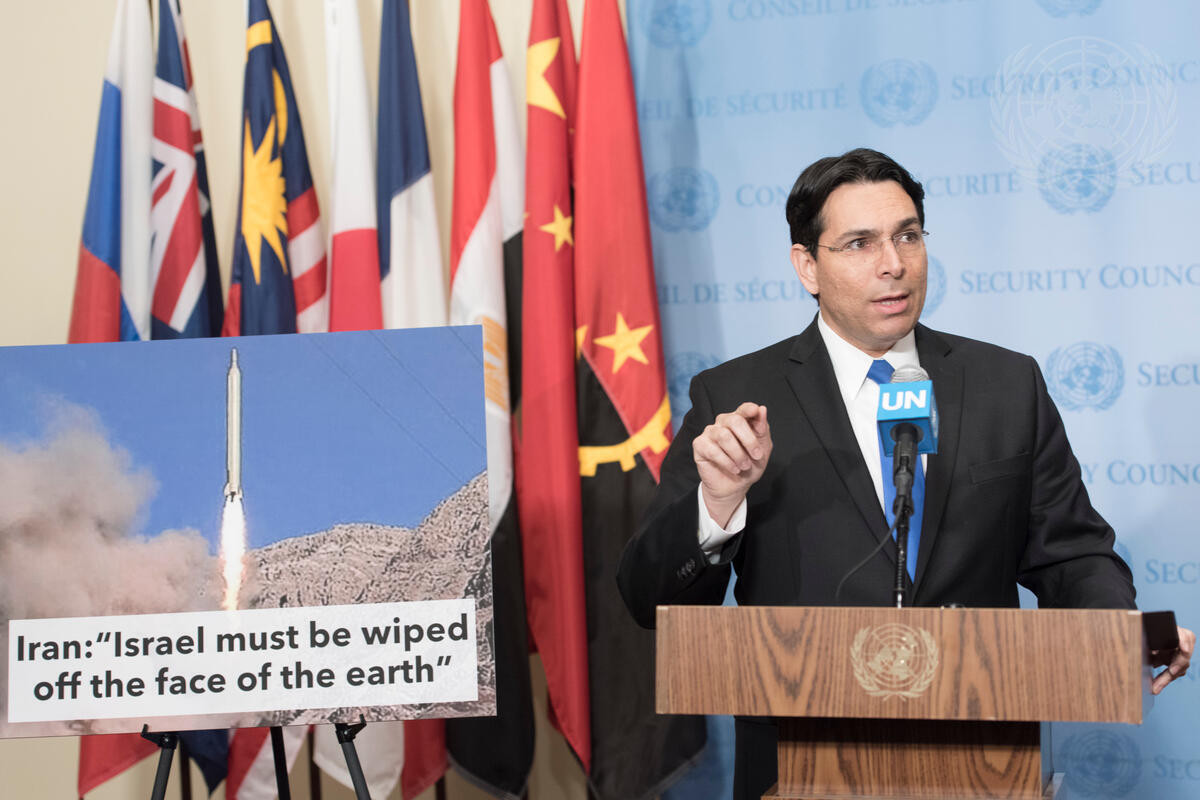 Danny Danon, then-Israel's ambassador to the UN, speaks to journalists ahead of Security Council consultations on the recent ballistic missile launch by Iran, Mar. 14, 2016 (Photo: UN/Mark Garten)