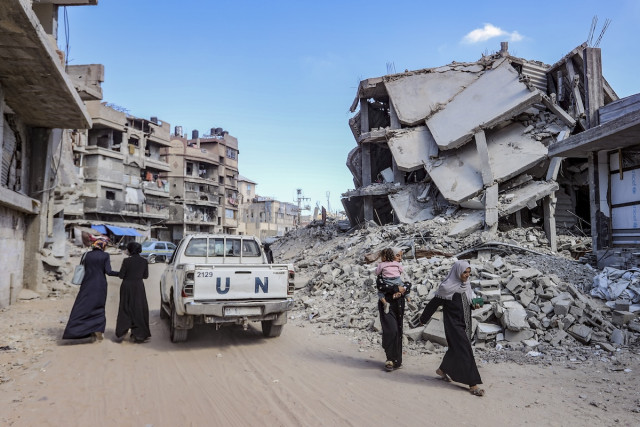 UN vehicle driving in Khan Younis, in the southern Gaza Strip, October 14, 2025. (Photo: Abed Rahim Khatib/Flash90)