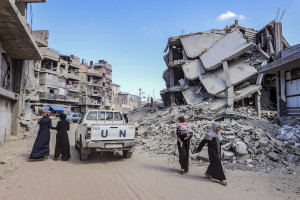 UN vehicle driving in Khan Younis, in the southern Gaza Strip, October 14, 2025. (Photo: Abed Rahim Khatib/Flash90)