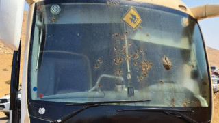 Bullet holes on the bus windshield from a terrorist attack, Sep. 4, 2022 (Photo: Bus Driver's Union)