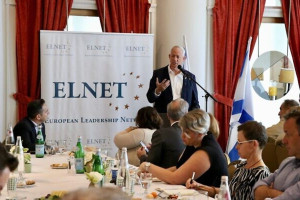 National Unity party chairman Benny Gantz speaking to European ambassadors in Israel, July 1, 2024. (Photo courtesy ELNET)